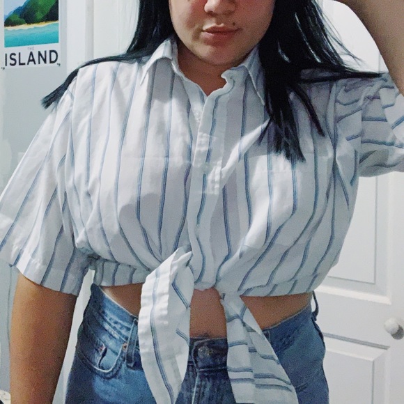💙☁️ white & blue stripped button up shirt ☁️💙 - Picture 1 of 5